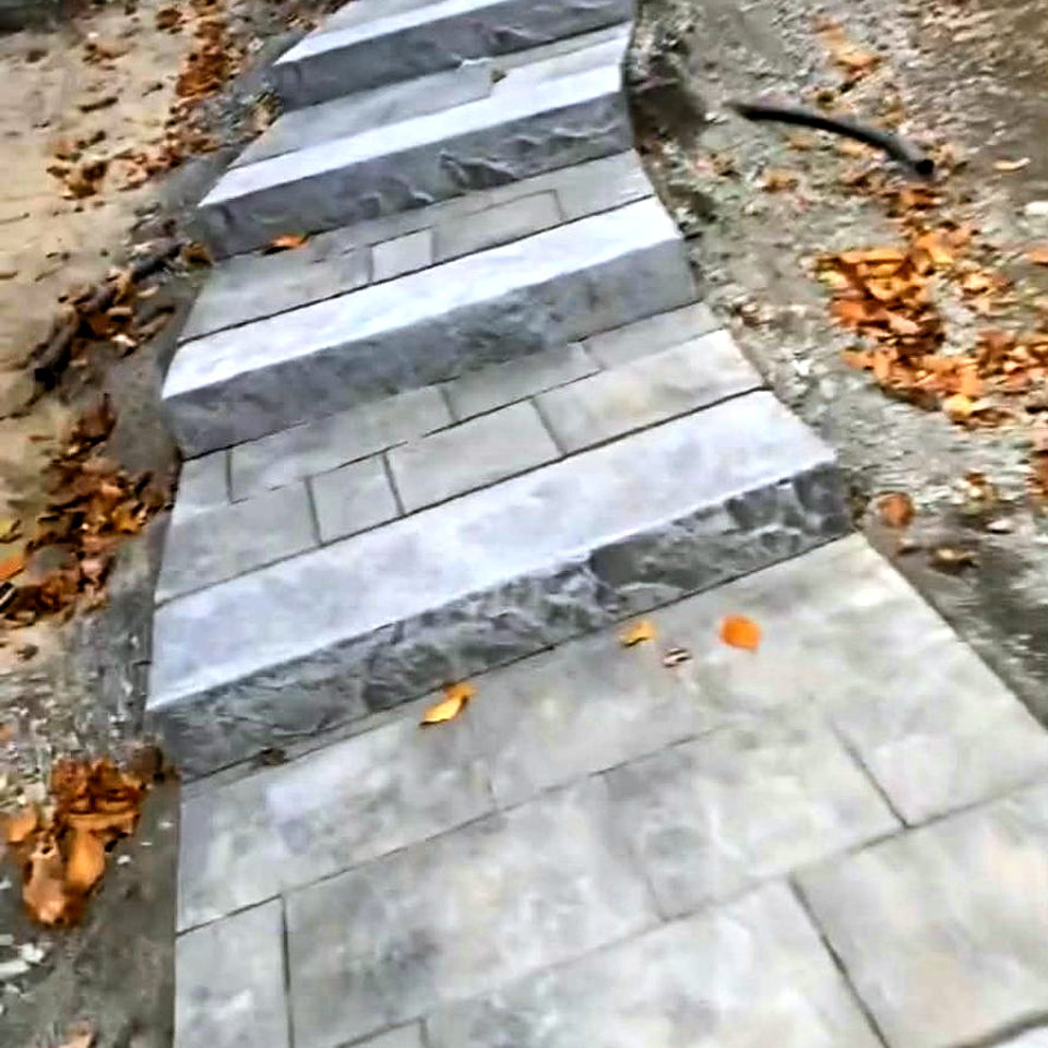 Escalier extérieur en marches de pierre grise installé dans un talus de terre, avec des feuilles d’automne au sol et un muret en arrière-plan.