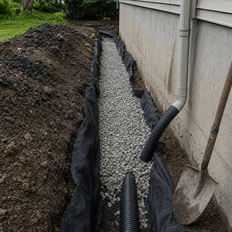 Tranchée de drainage ouverte le long d’une fondation de béton, avec membrane géotextile, drain perforé et pierre nette.