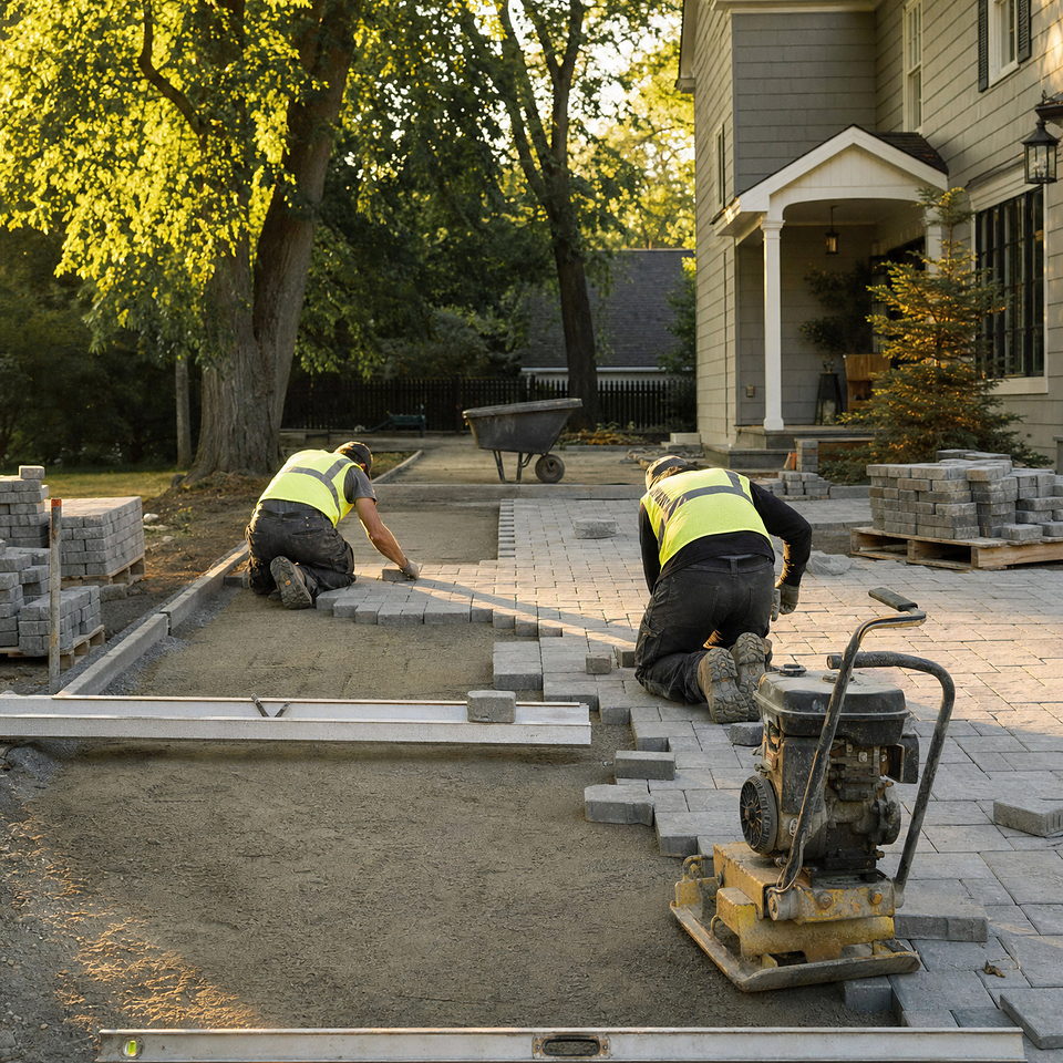 Deux ouvriers en dossard posent du pavé sur un chantier résidentiel, avec plaque vibrante, règles de nivellement et palettes de pavés.