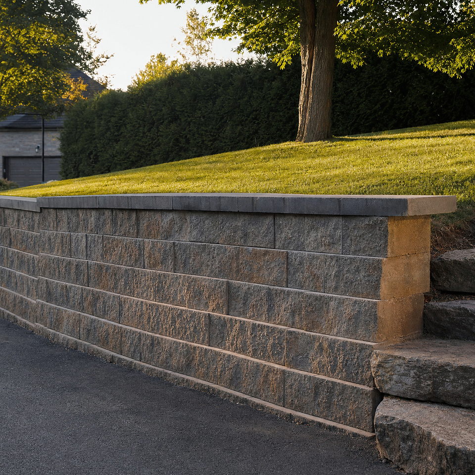 Muret de blocs de béton texturé retenant une pelouse en pente le long d’une entrée, avec des marches de pierre à une extrémité.