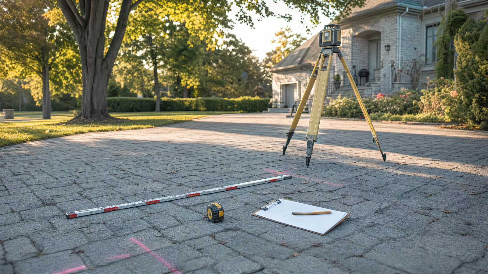 Niveau laser sur trépied posé sur un stationnement en pavé affaissé, avec mire, ruban à mesurer et marques de peinture au sol.