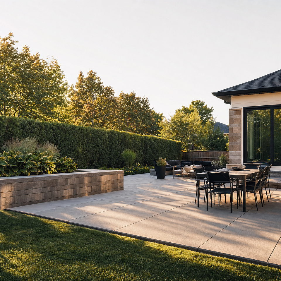 Terrasse arrière en dalles de béton de grand format, bordée d’un muret-banquette et d’une pelouse tondue, en fin de journée.